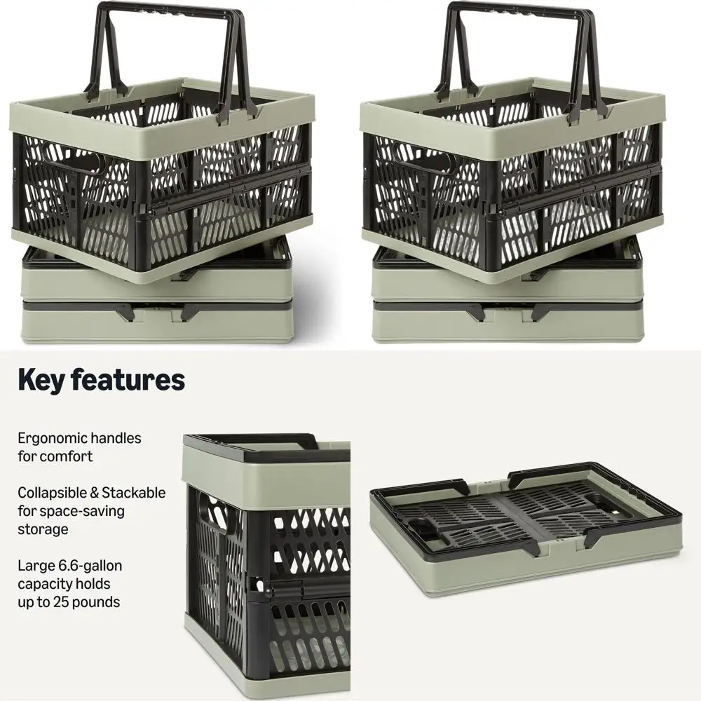 

Set of 3 Foldable 6.6 Gallon Green Plastic Shopping Baskets with Handles