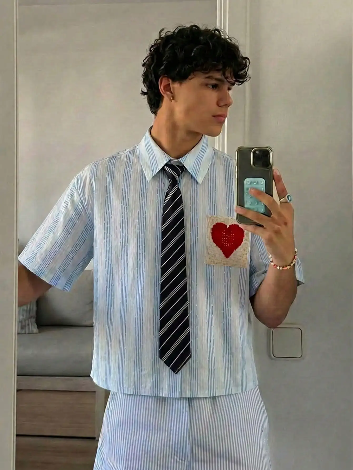 

Unisex Loose Fit Striped Short Sleeve Shirt with Embroidered Heart Pocket