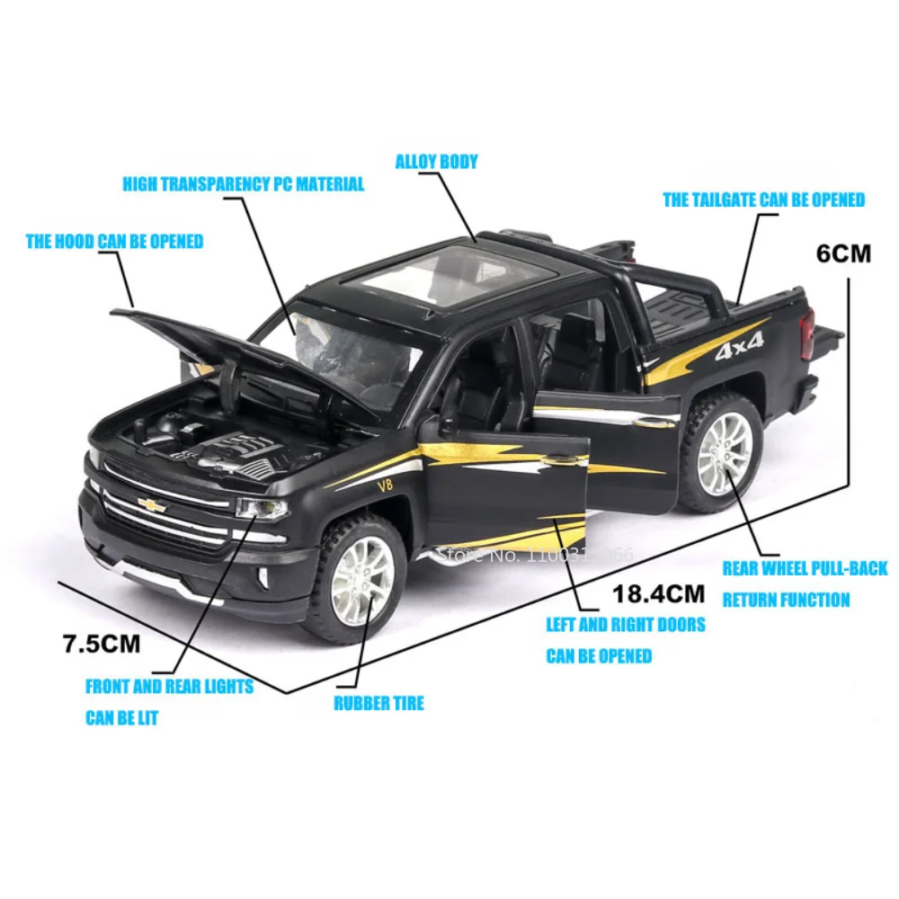 1/32 Silverado Pickup Car Model Alloy Diecast Metal Toys Simulation 6 Doors Can Be Opened Sound Light Pull Back Collection Gift