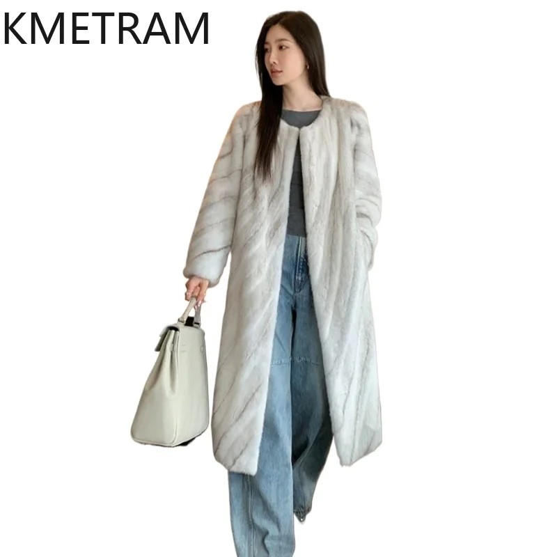 Kmetram Abrigo de Piel de Visón Natural para Mujer, Chaqueta de Invierno de Longitud Media con Cuello Redondo, Ropa de Mujer 110cm 2026, шуба женская