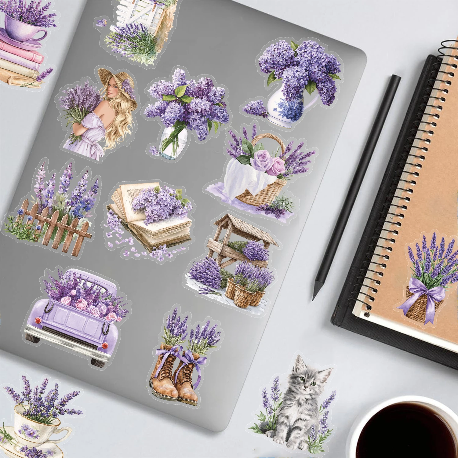 50PCS Cartonn Lavender Stickers Decoration Scenery Graffiti Bicycle Creative Stationery Phone Classic Laptop Transparent Sticker