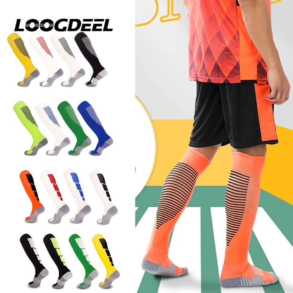 

Loogdeel 1 пара полосатых спортивных футбольных носков для взрослых и детей, дышащие, для футбольных клубов, высокие до колена, тренировочные, длинные, с махровой подошвой