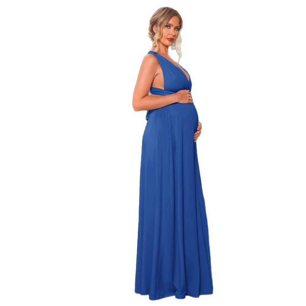 

Pregnancy Dresses Elegant Blue V Neck Maternity Dress Long Sleeve Tie Front Pregnancy Formal Gown Dress for Pregnant Woman