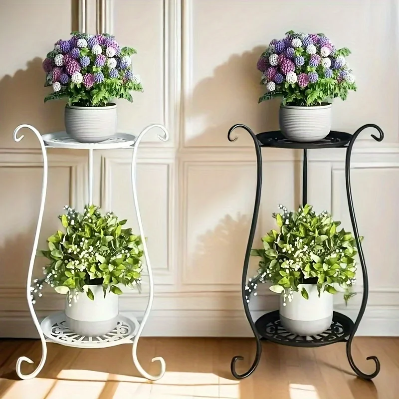 

1pc Elegant Dual-Tier Metal Plant Stand - Lightweight, Durable, with Hanging Flower Pots for Indoor & Outdoor Gardens, Aquariums