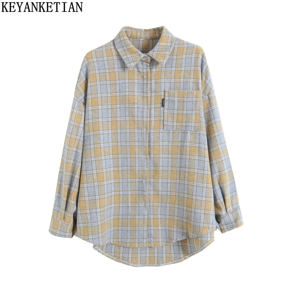 

KEYANKETIAN Ladies loose plaid shirt OVERSIZEMujer spring and autumn British style mid-length casual cotton plaid top