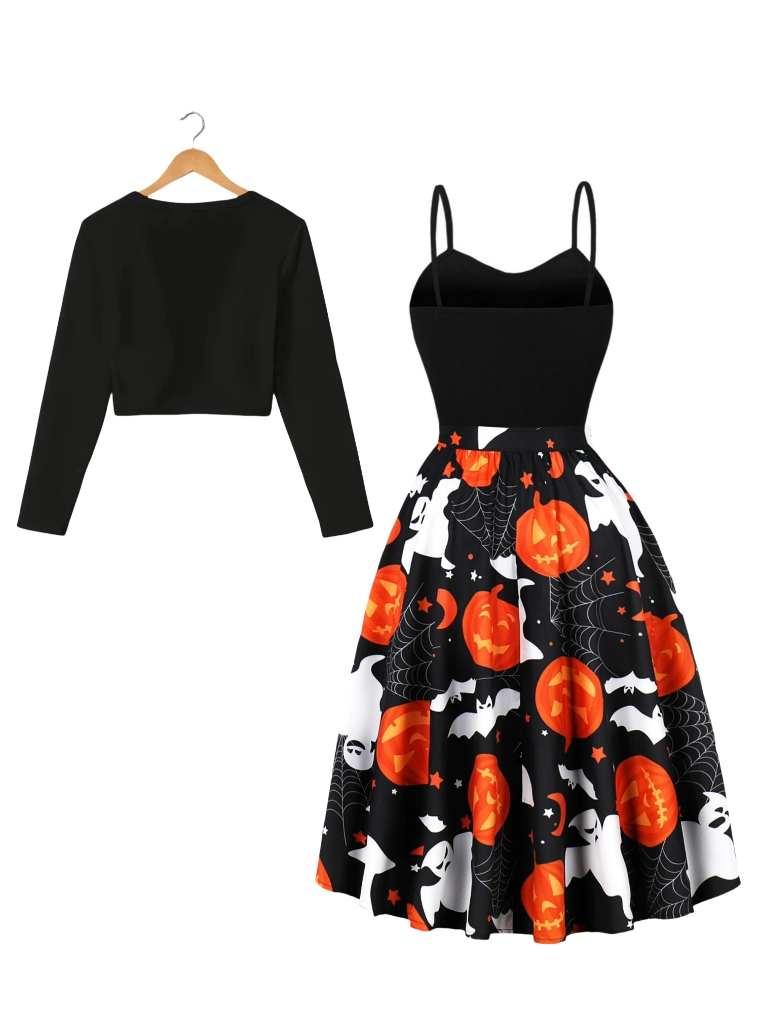 Party style Halloween retro set new long sleeved shirt with camisole inside and long skirt two-piece set