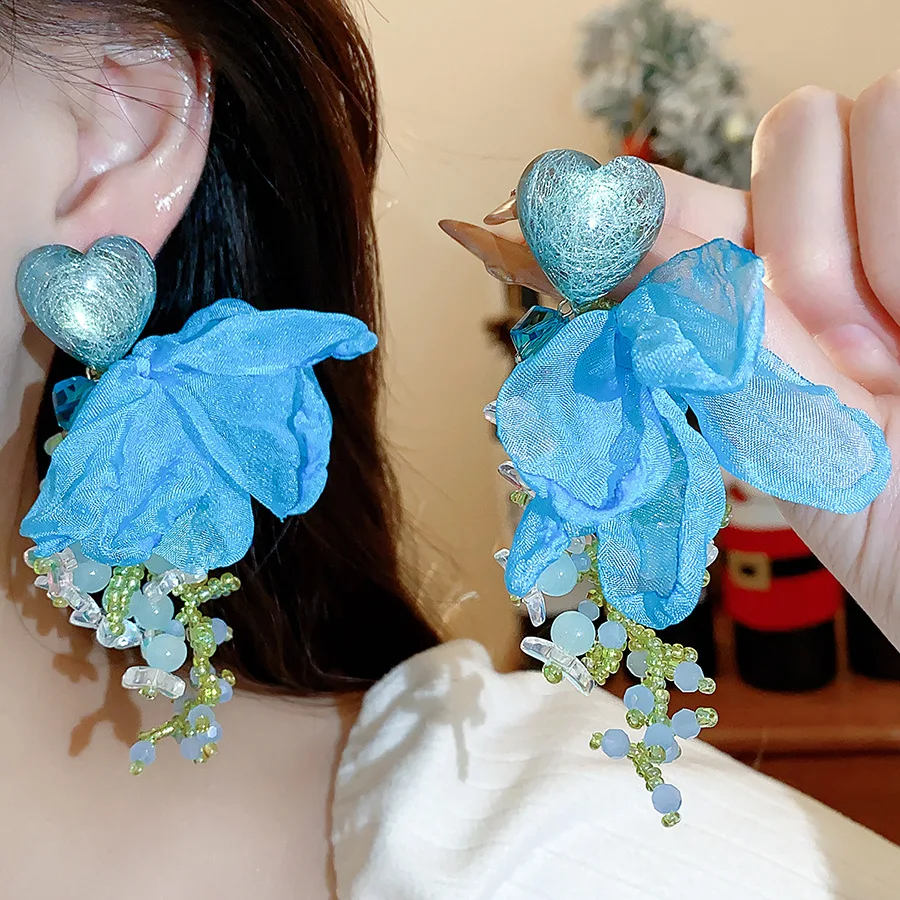 

Blue Chiffon Flowers Dangle Earrings for Women Girls Romantic Glass Beads Tassel Pendant Earring Resin Heart Ear Drops Holiday