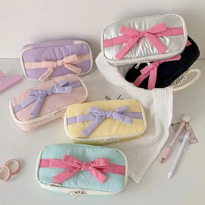 Candy Color Ballet Style Soft Pencil Case Girl Bowknot Stationery Storage Bag High-value Vertical Pencil Case