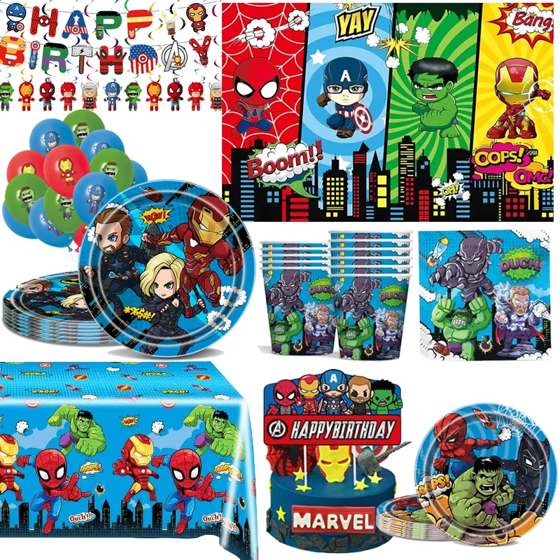 Suministros de cumpleaños de Los Vengadores de Marvel, plato desechable, servilleta, taza, mantel, globo para niños, decoraciones de fiesta de superhéroe