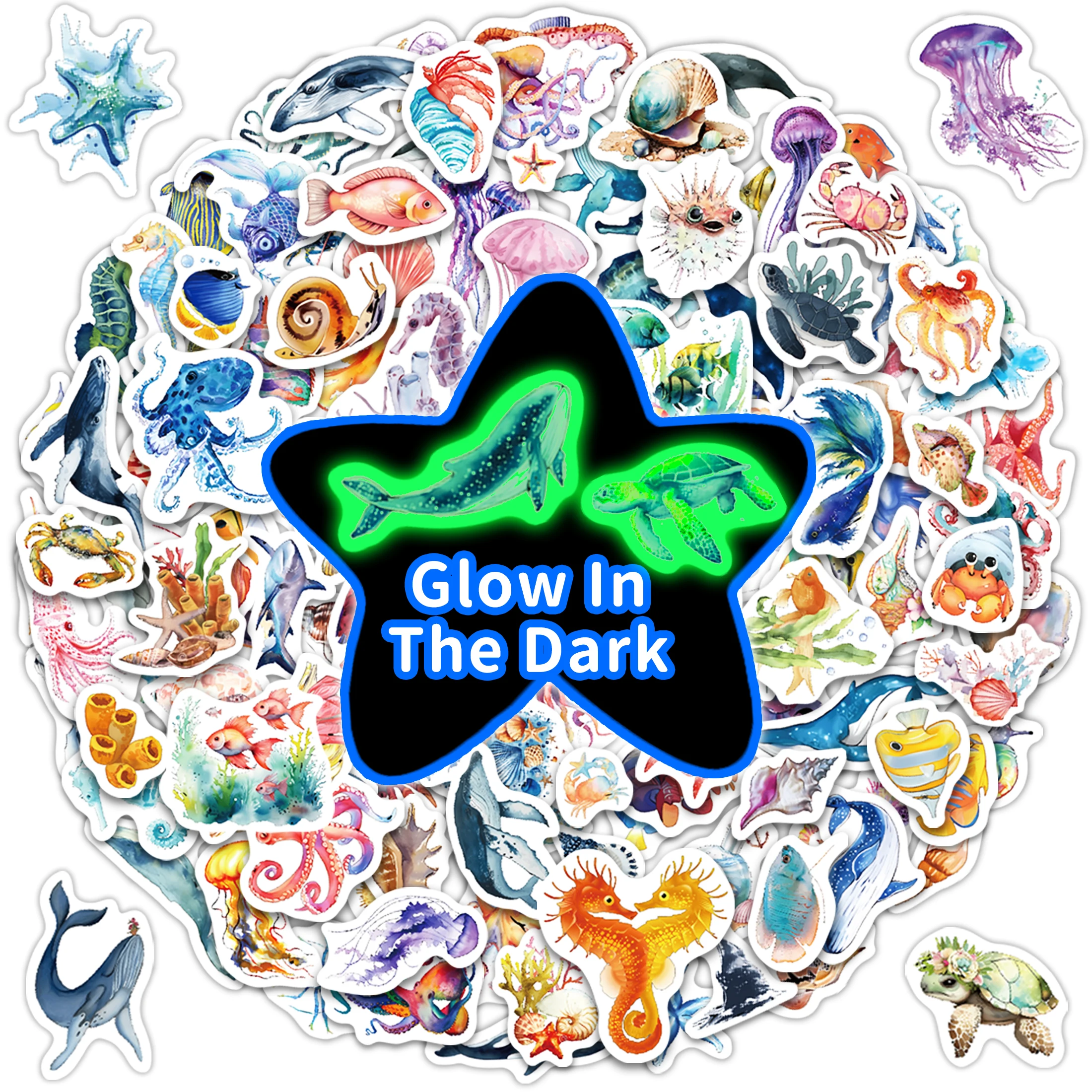 Fish Water Bottle Stickers for Kids Glow in The Dark, 149 PCS Vinyl Waterproof Stickers Pack for Laptop Skateboard Phone Case