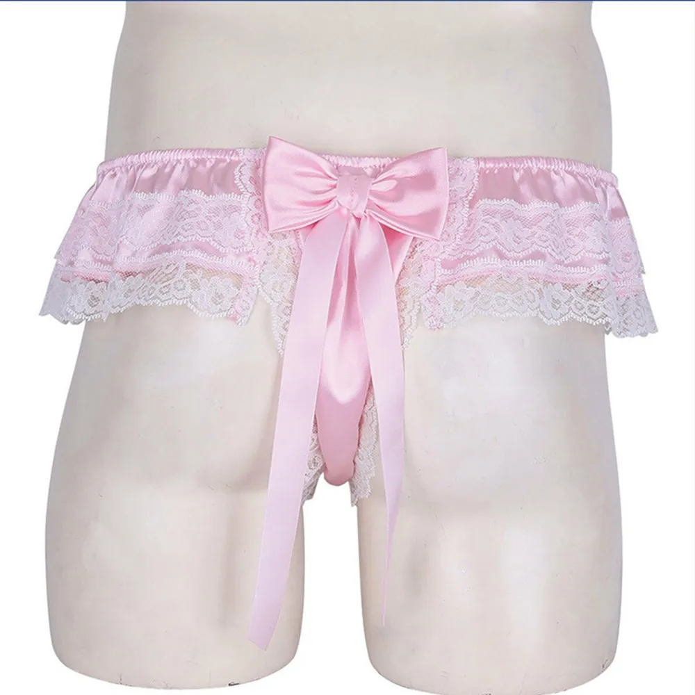 Men Sissy Lace See-through Panties Sexy Satin G-String Thong Briefs Underwear Lace Brimmed Bowknot Underpants Erotic Panties