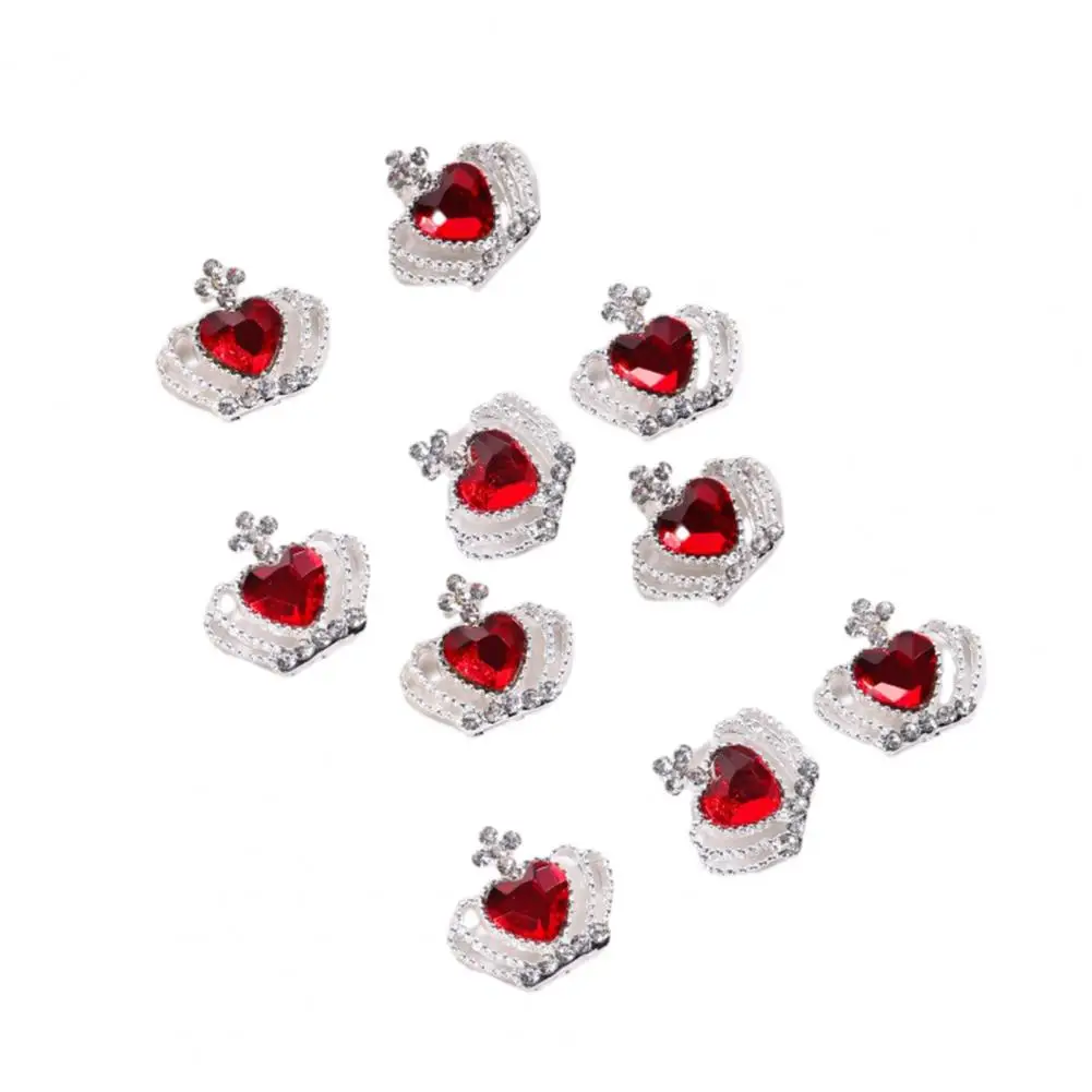 10Pcs Shiny Love Heart Nail Rhinestone Multicolor Alloy Crown Nail Charms Jewelry Accessories Ornaments DIY Nail Art Decoration