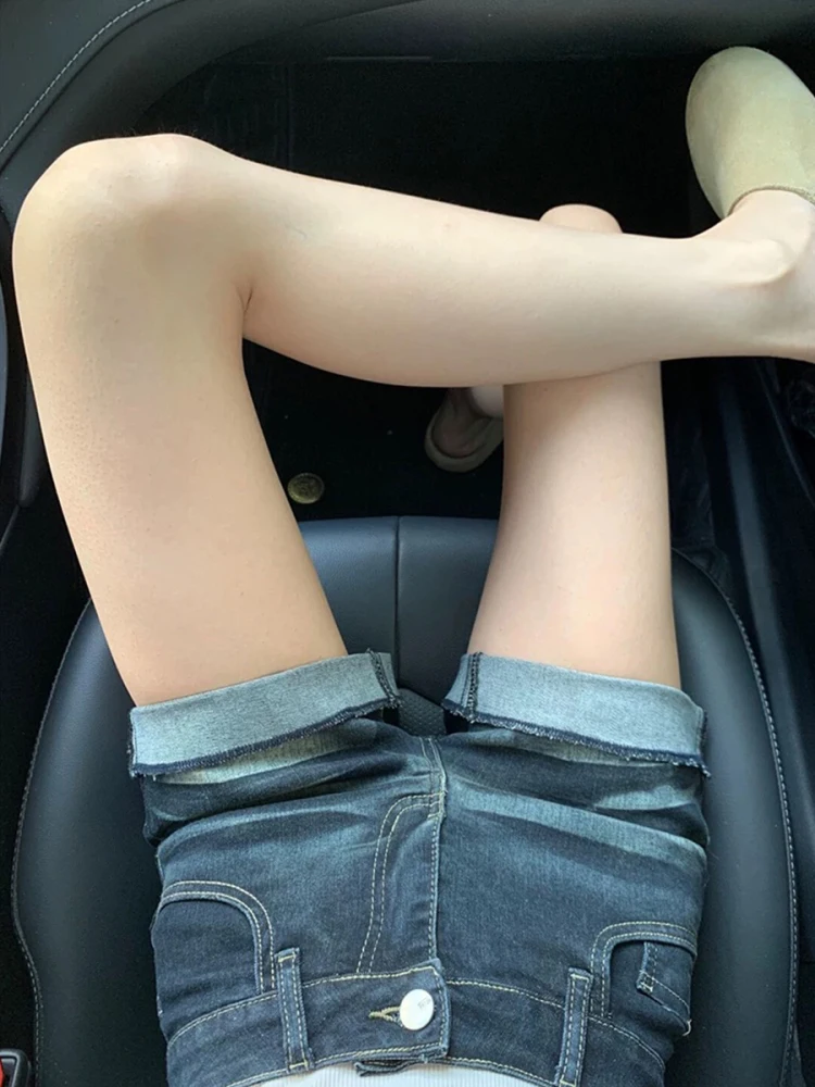 夏の女性のためのレトロなアメリカン スタイルのデニム ショート パンツ薄いフィット ハイウエスト痩身ディープ ブルー弾性ストレート レッグ ホット パンツ