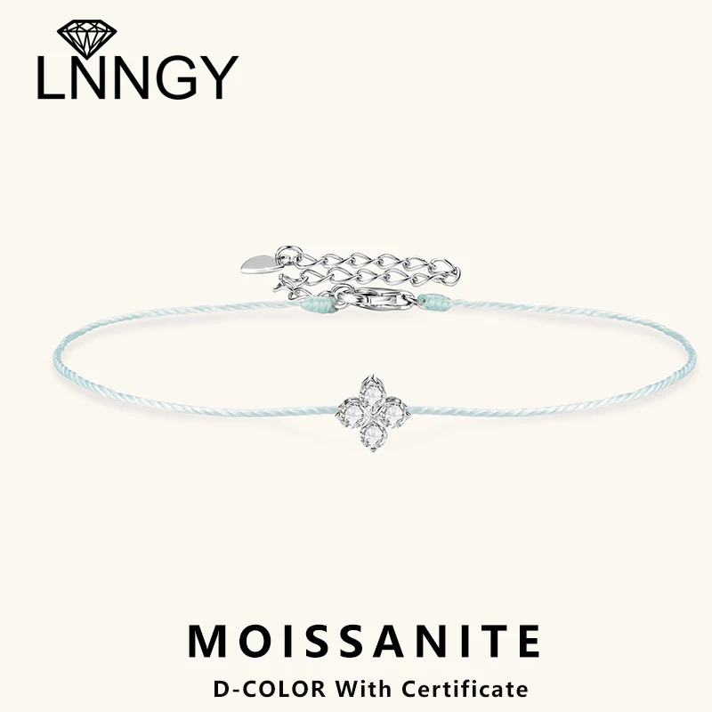 

Lnngy 2.5mm Four-leaf Flower Moissanite Bracelet With Certificate 925 Sterling Silver Adjustable Red Blue Rope Chain Bracelets