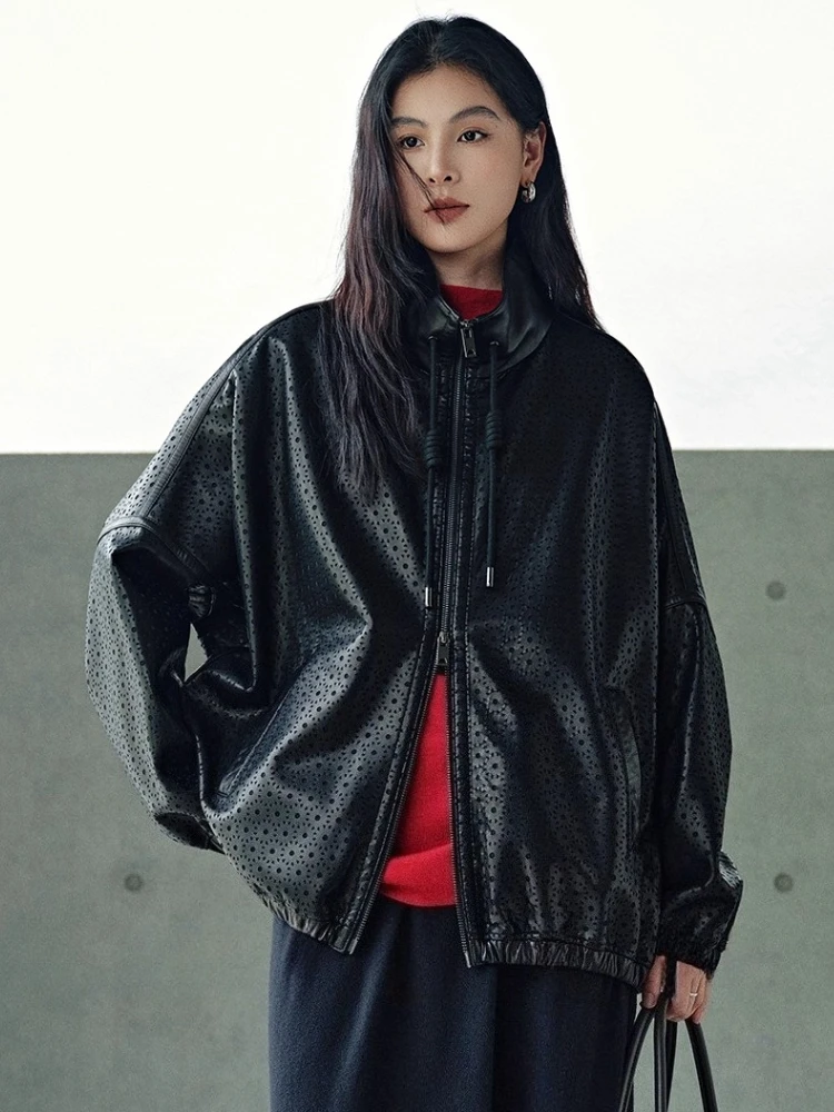 

Vintage Black Genuine Leather Jackets for Women High-end Simple Stand Collar Hollow Out Pattern Loose Soft Real Sheepskin Coat