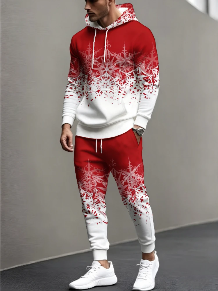 Wash Effect Set - Herren 2-Teiliger Trainingsanzug mit 3D-Weihnachtsschneeflocken-Farbverlaufsdruck, Hoodie