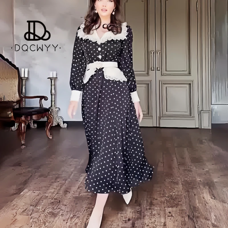 Elegant Party Dresses 2024 Newlace Lace Doll Collar Slim Fit Polka Dot Printed Dress Evening Dress Long Dresses Woman Clothing