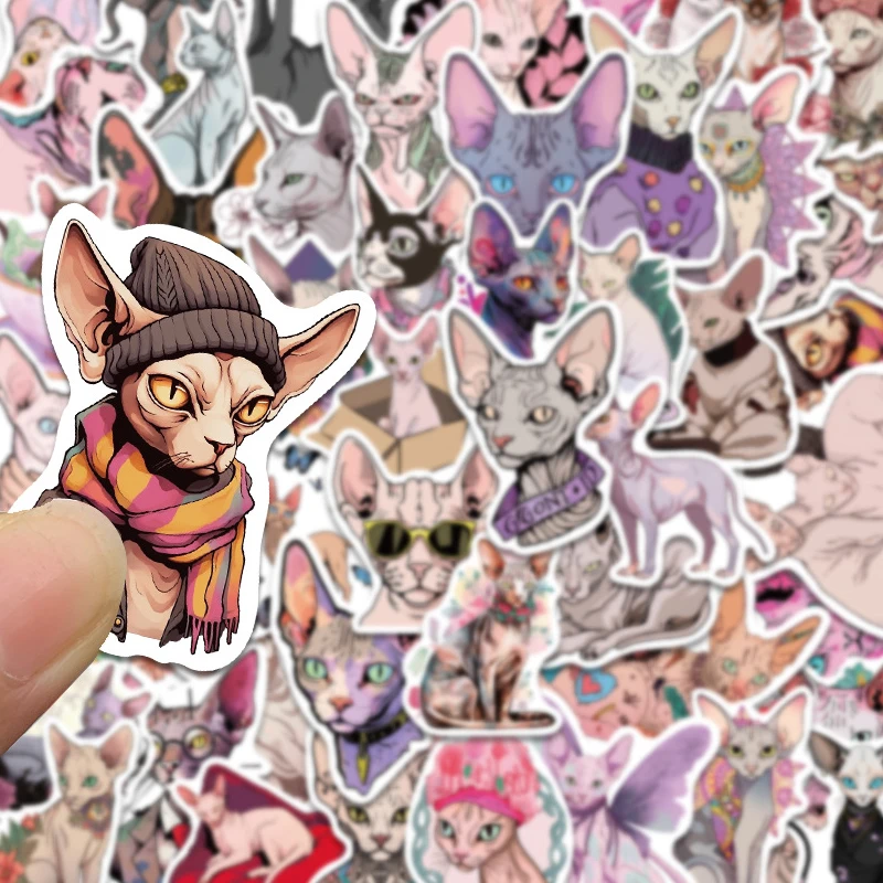 50PCS Sphynx Cat Stickers Cute Cartoon Waterproof Vinyl Kitten Artistic Decals for Laptops Water Bottles Journals Scrapbooking