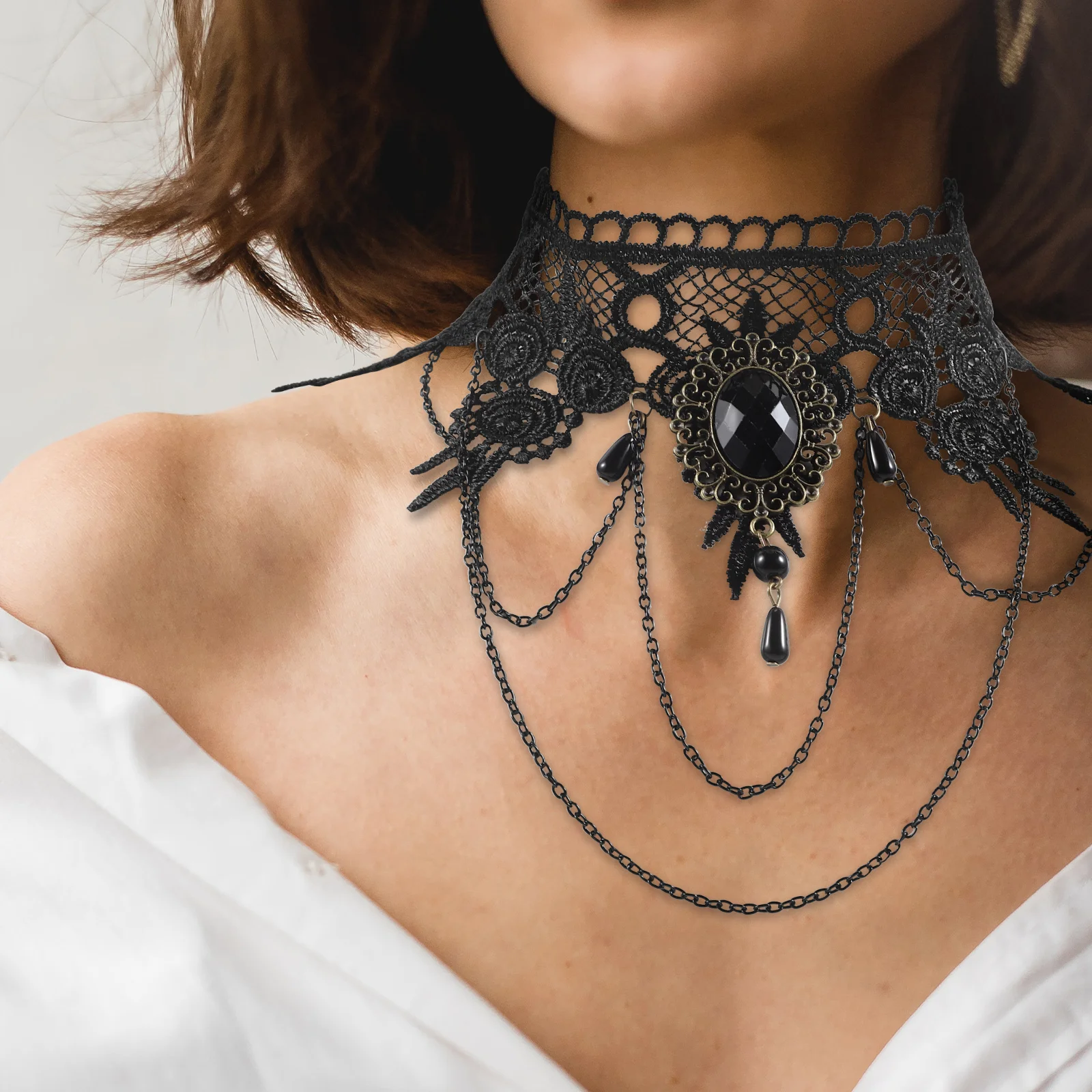 Vintage Black Lace Gothic Statement Necklace Victorian Lolita Choker Punk Dress Accessories Chain lace gothic necklace