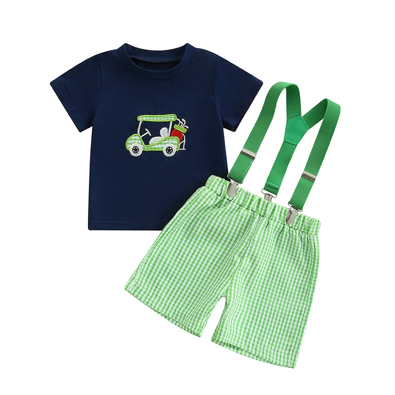 Летние комплекты шорт для маленьких мальчиков, топы с круглым вырезом и короткими рукавами с принтом тележки для гольфа и клетчатые шорты на подтяжках, комплекты