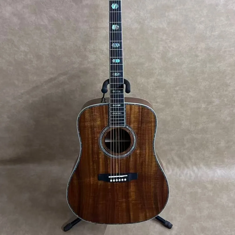 Tiger‑Streaked Walnut Brown 41 Inch 6‑String Acoustic Guitar Koa Wood Body Dreadnought Shape Gold Tuning Pegs Folk String Instrument