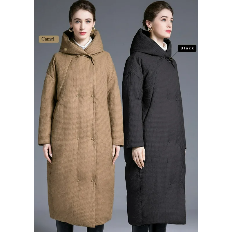

Women Hooded 90% White Duck Down Coats Puffer Jackets Thick Knee-length Cocoon-shaped Large Size Clothing Double-breasted Parkas
