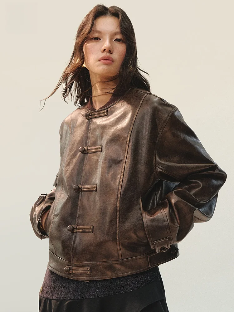 Genetic Design Brown Leather Jaet Women's ort Sle Faded Texture AnnoMundi Casual Faion PU Coat for Young Ladies