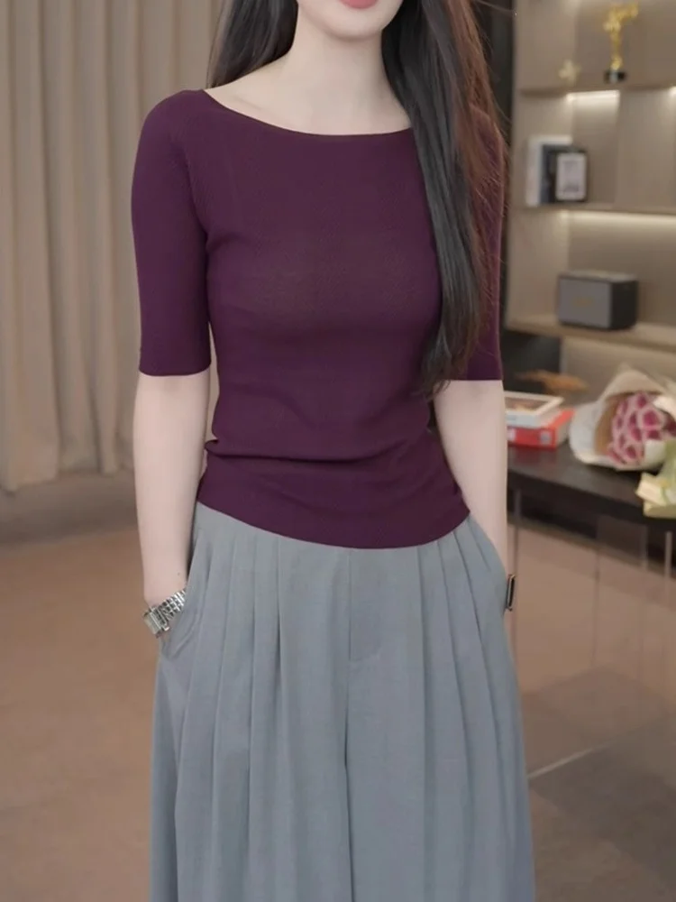 

Slim Fit Summer Knitwear ort Sve Overhead Women's irt Comfortable Skin Friendly Pure Color Simple Sle Commute Korean...