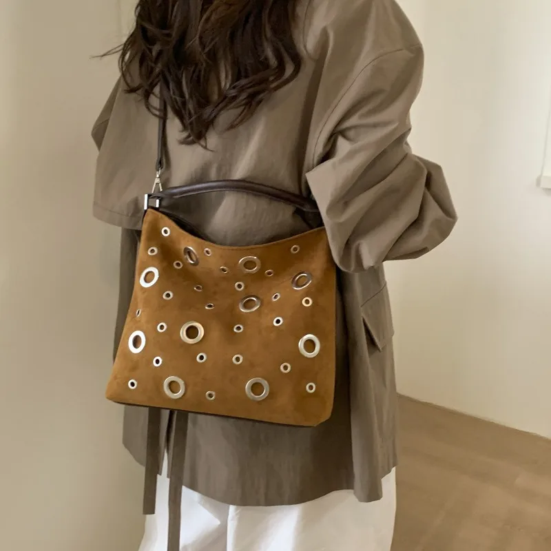 

Womens Unique Style Motorcycle Crossbody Bag with Studs and Suede Fleece Fashionable Shoulder Bag Design