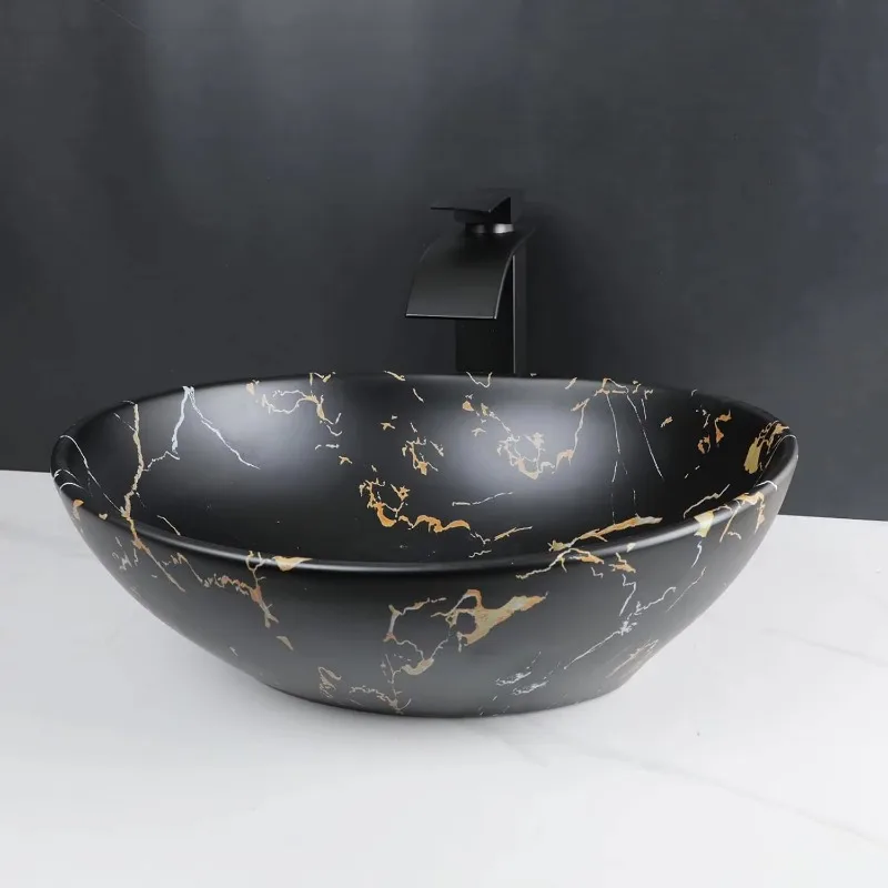 Bathroom sink, black oval ceramic container sink with waterfall faucet and pop-up drain