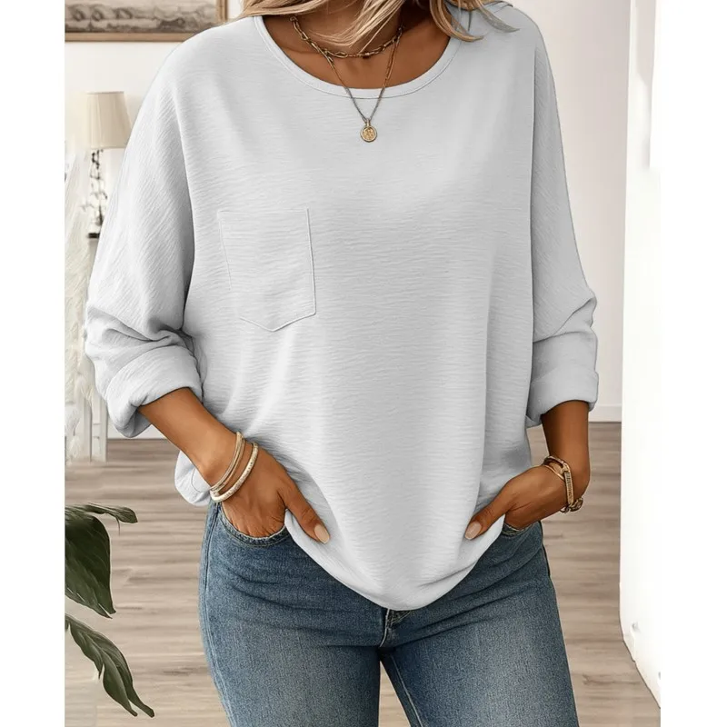 Femmes à manches longues Blouses amples et chemises 2025 automne hiver décontracté basique col rond épissure poche t-shirts hauts femme vêtements