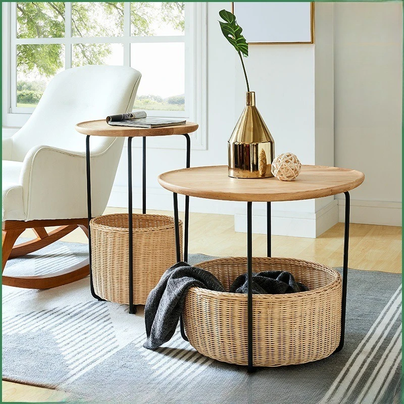 Nordic Solid Wood Double-Tiered Coffee Table Set – Rattan-Style Weave Living Room Corner Tea Table