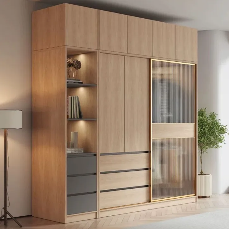 

Nordic Sliding Door Wardrobe Solid Wood Bedroom Household Cabinet Small Apartment Sliding Door Log Finished Wardrobe