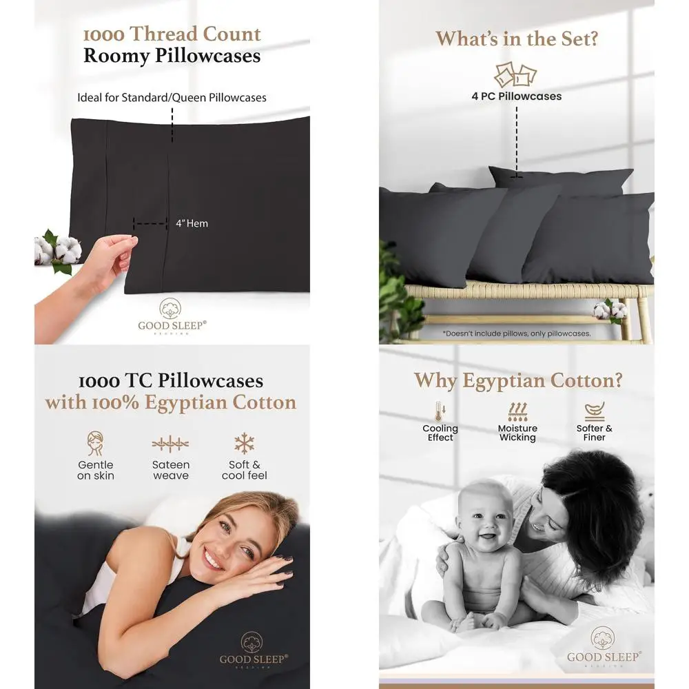 

Set of 4 1000TC Dark Gray Egyptian Cotton Pillowcases, 100% Long Staple Cotton, Sateen Weave, Silky Soft for Comfortable Sleep