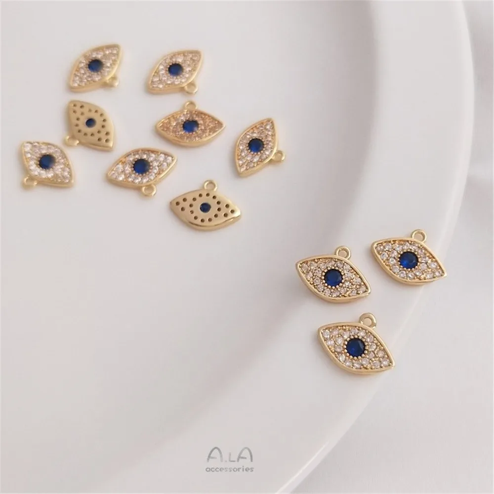 14K Gold Color Preservation Micro-inlaid Zircon Blue Turkish Eye Pendant Diy Bracelet Ear Buckle Earrings Pendant view 3