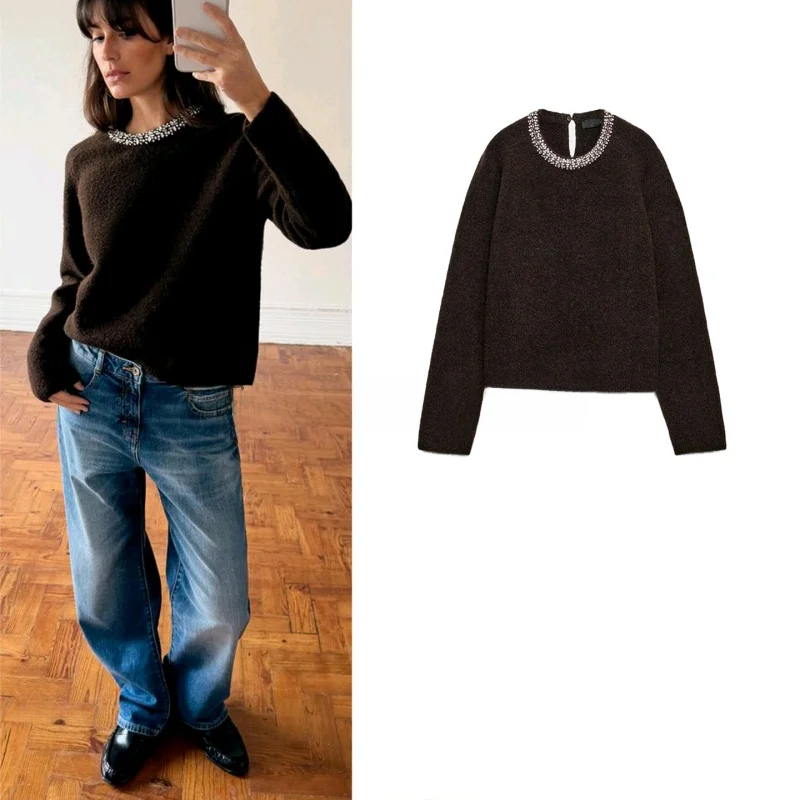 

Spring New Loose Style Women's Knitted Top Pearl Beaded Collar Long Sleeve round Neck Jewelry Accessories Polyester Fiber