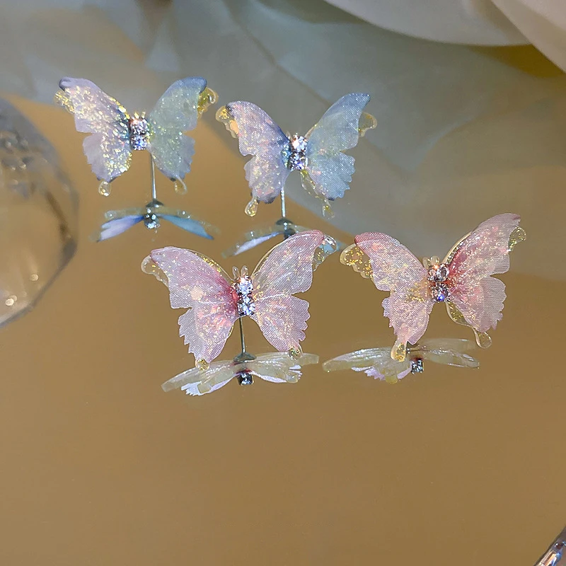 

Kiss Jewelry Cute Mesh Butterfly Shiny Pink Blue Rhinestone Stud Earrings Women Korean Fashion Girls Charming Wedding Earring