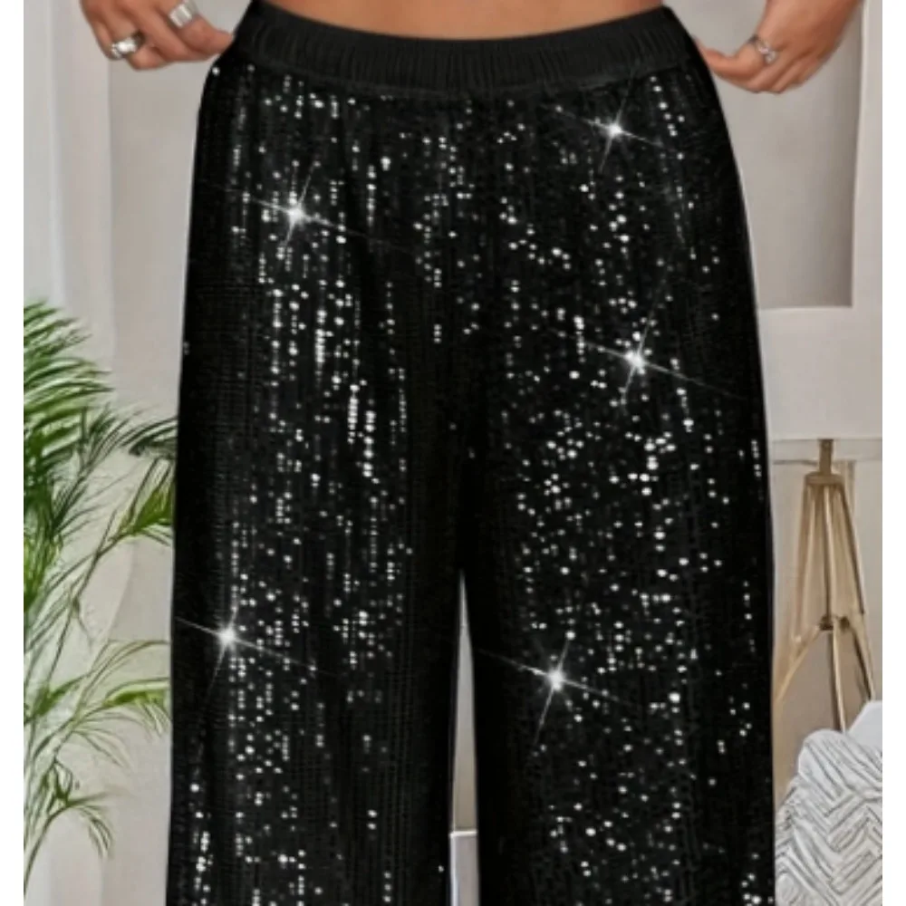 حجم كبير 1XL-5XL النساء أزياء الترتر مستقيم الساق السراويل السيدات عارضة أنيقة عالية الخصر فضفاض السراويل الطويلة #5