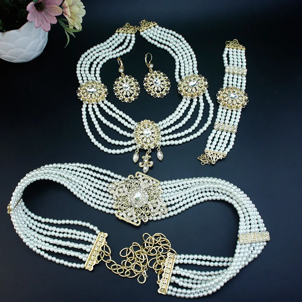 Sunspicems Pearl Morocco Bride Jewelry Sets For Women Gold Color Caftan Waist Chain Belt Bead Necklace Crystal Earrings Bracelet