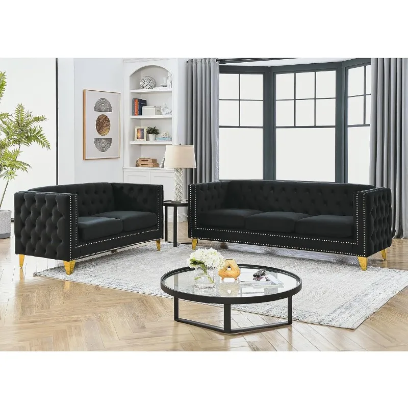 Velvet Living Room Sofa Set of 2, Comfy Loveseat and 3 Seater Couch, Modern Sofa with Tufted Back and Rivet Decoration