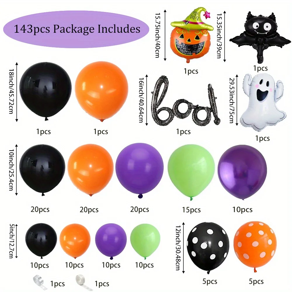 143PCS Halloween Balloon Arch Kit Ideal for Halloween Decorations, Birthdays, Anniversaries, Bar Mitzies, and Dances