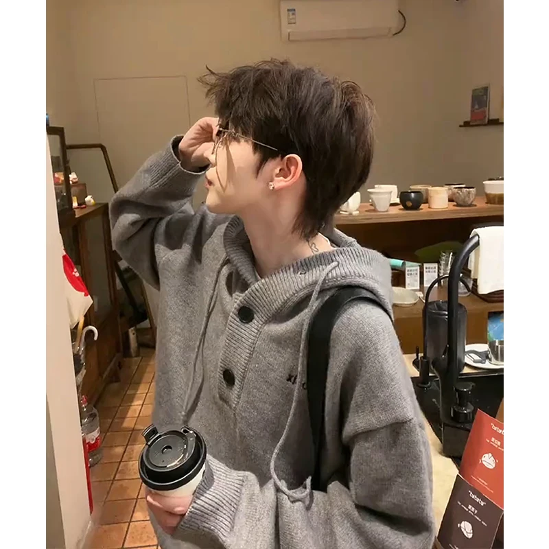 

Korean Lazy Knitted Sweater Men's Autumn Winter American Retro Yarn irt High-End ey Hat Coat Polyester Fiber Long Sve