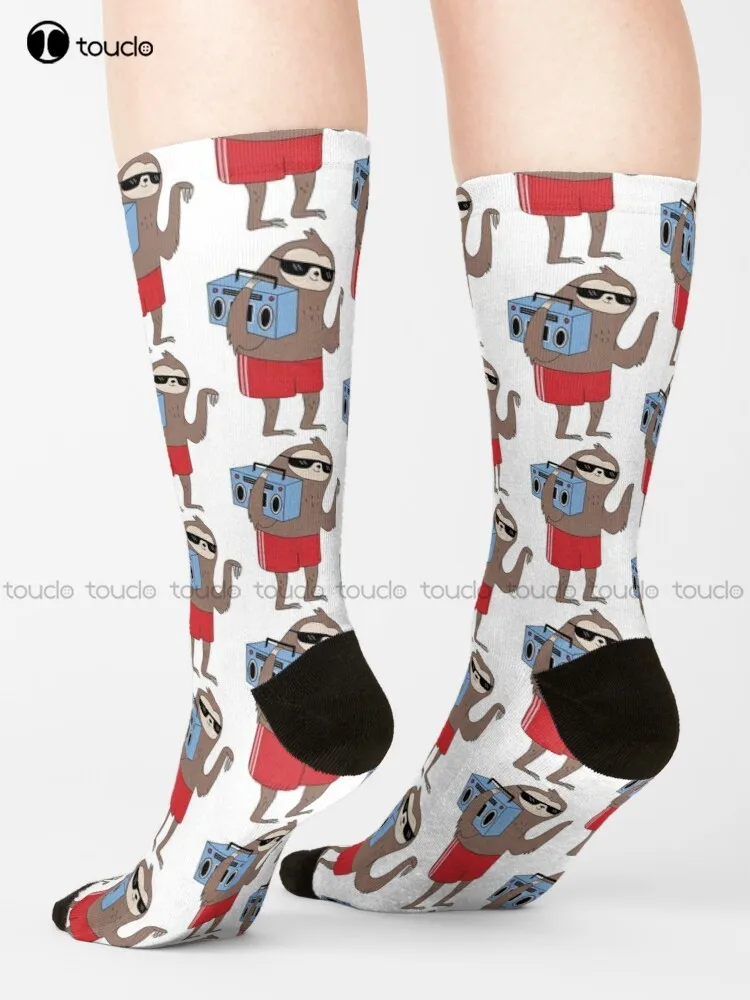 

Retro Sloth & Boombox Illustration Socks White Socks Mens Personalized Custom 360° Digital Print Gift Harajuku Colorful Retro