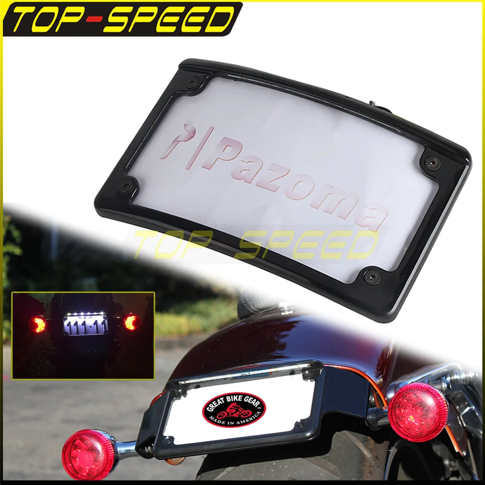 Motorcycle LED License Frame Lamp For Harley Softail FXLRS FXLRST FXRST Rear Curved Number Plate Mount Relocation Holder Bracket