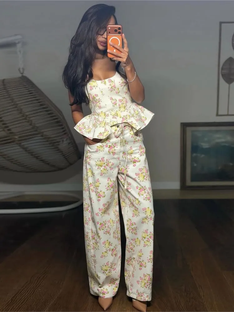 

2026 Woman 2 Piece Set Outfit Sleeveless Tops High Waist Floral Long Pants All-match Two Piece Outfits Color Colorful Elegant