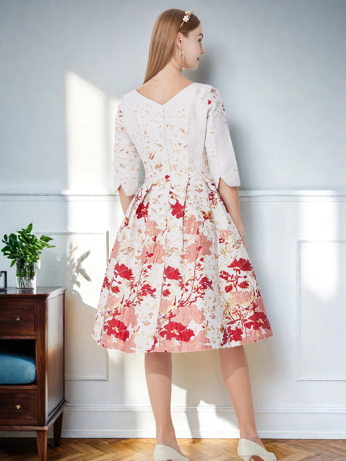 DEVCHATA Women's Floral Party Dress Luxury Mid-Long Jacquard O-neck Ladies Fashion Spring Formal Dress Elegant Vestidos