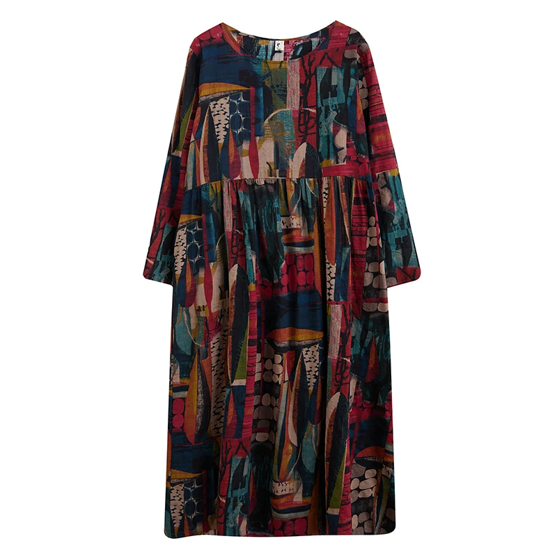 NYFS-فستان نسائي كلاسيكي بحاشية كبيرة ، رداء بأكمام طويلة ، Elbise ، فضفاض ، قطن ، كتان ، مطبوع ، خريف ، جديد ، 2022 #5