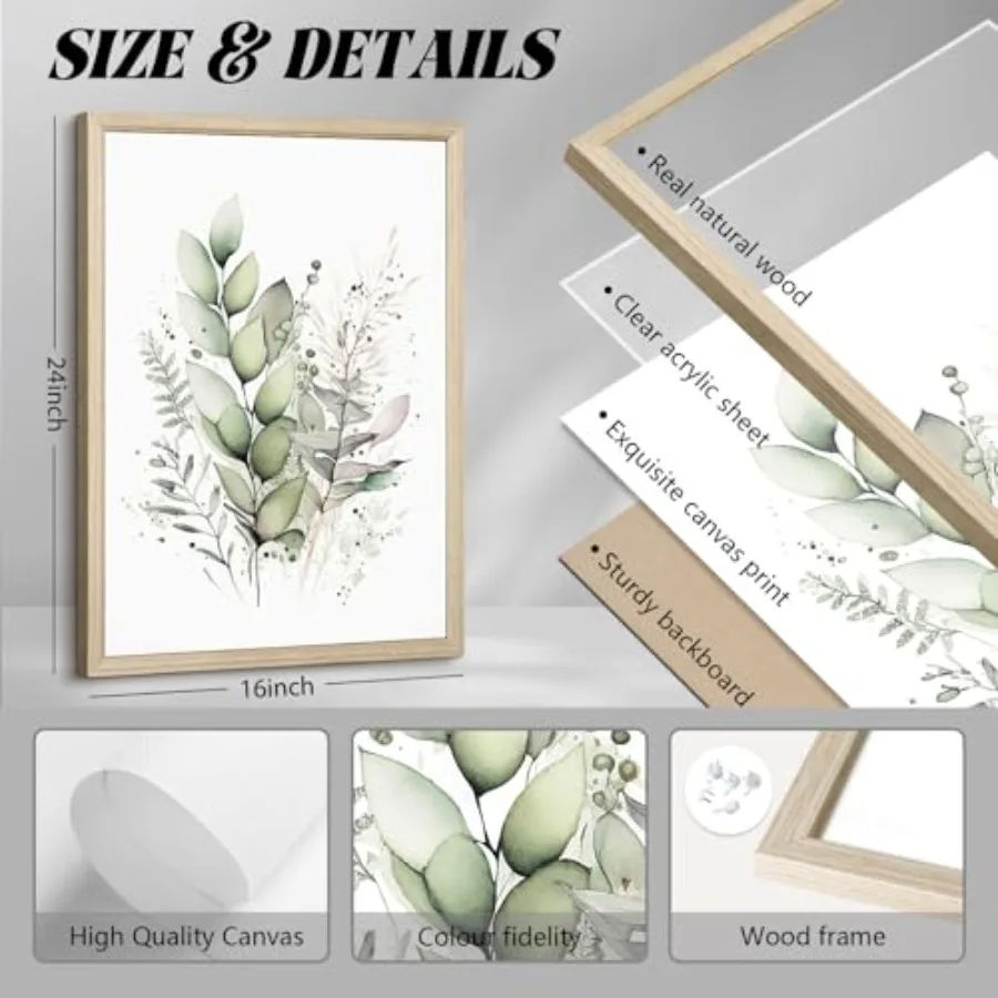 Boho floral wall art set of 3 for bedroom bathroom: sage green watercolor botanical prints on canvas, wood framed, 16x24 inch, - view 2