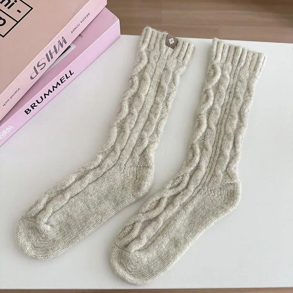 Knitted Wool Warm Socks Japanese Korean Casual Solid Color Simple Style Mid-Calf Length Socks Twist Striped Socks