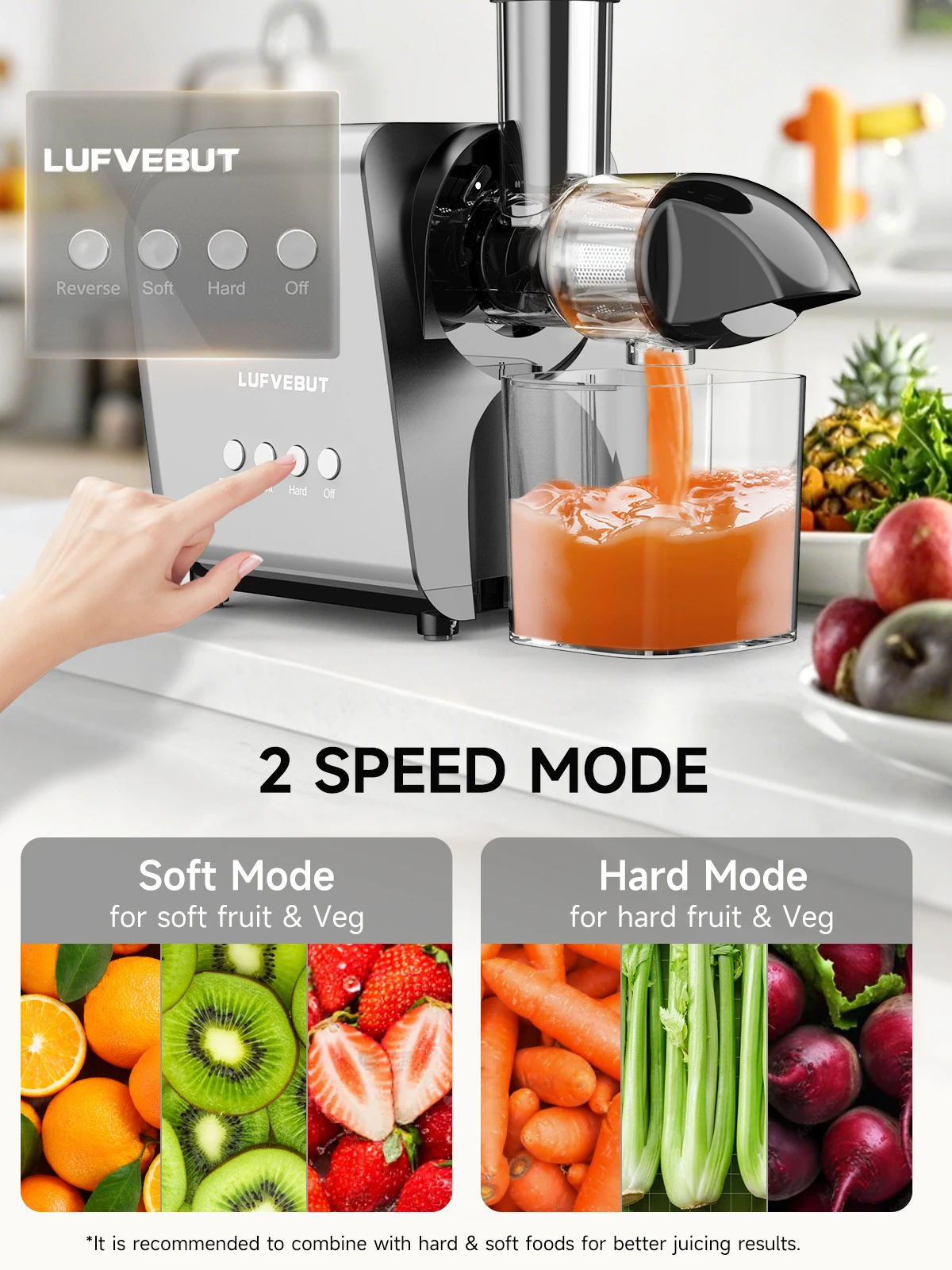 250W Slow Cold Press Fruit Juice Extractor, Anti-jam Reverse, Easy Clean, BPA-Free Quiet Household Vegetable Juicer